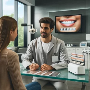 Conyers dentist providing a detailed explanation of cosmetic dentistry veneers to a patient